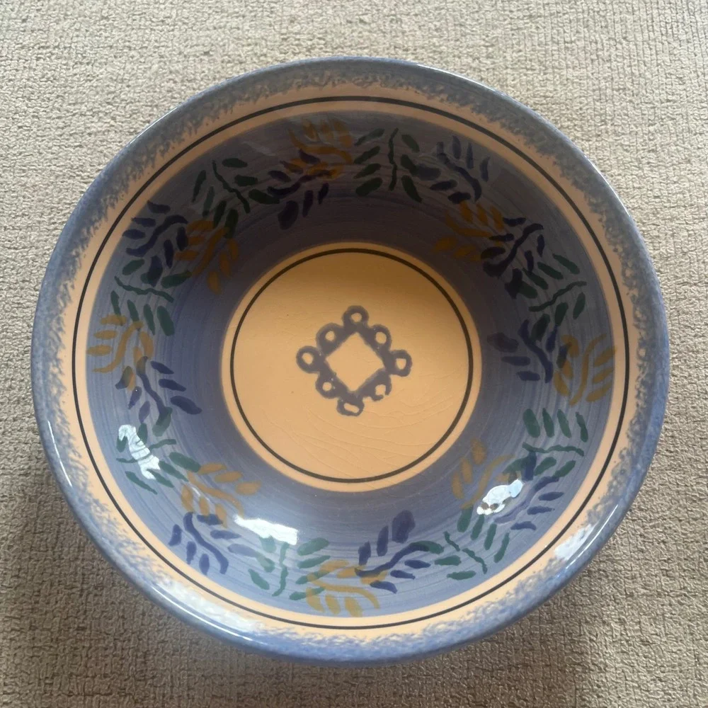 Luneville Peint Main France Hand Painted Ceramic Bowl Blue Leaves 8.25